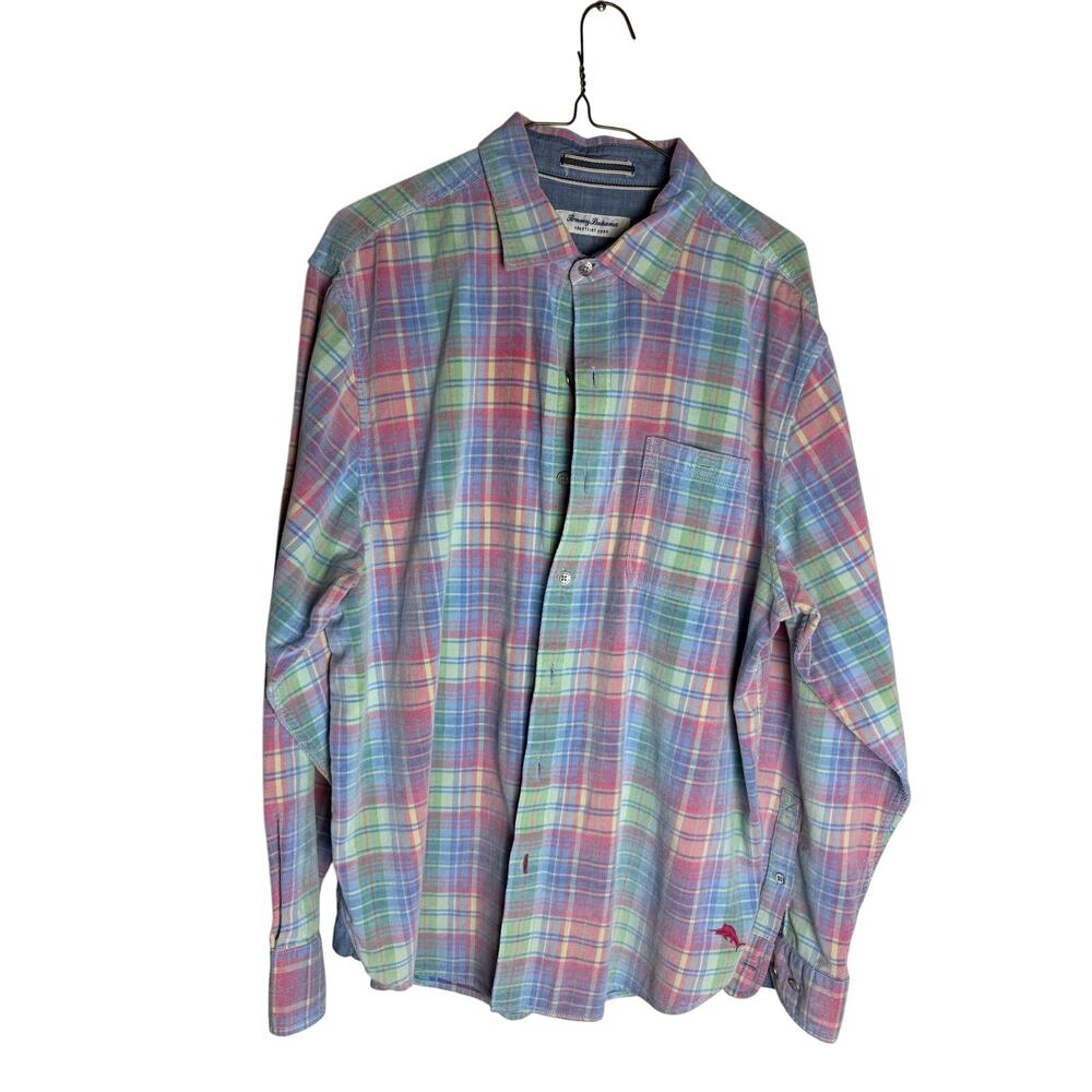 Tommy Bahama Coastline Cord Plaid Button-Up Shirt Men’s Large Cotton Pastel